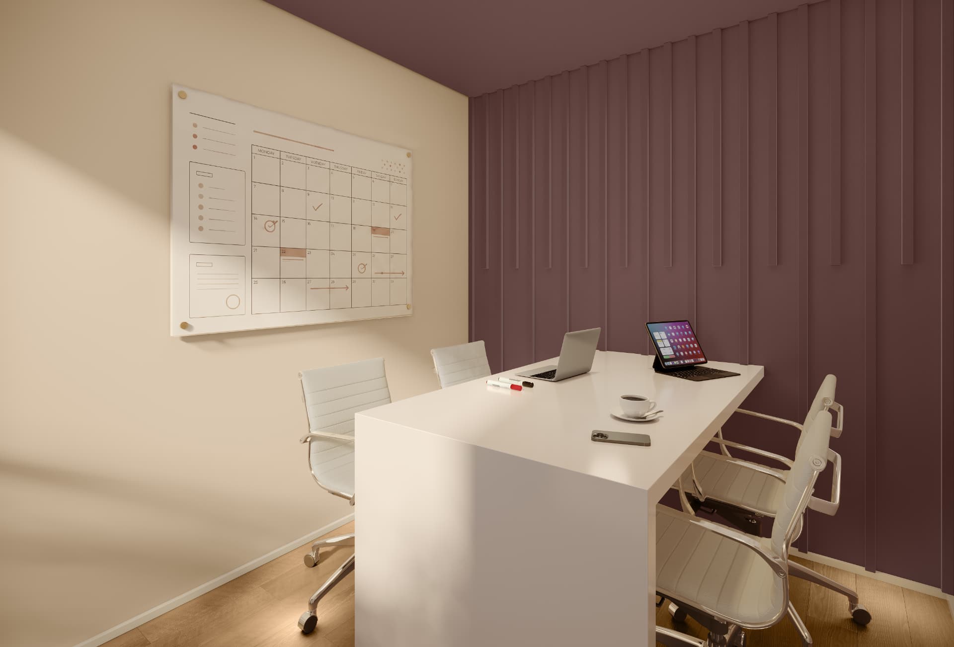 Perspectiva ilustrada da sala de reunião com mesa, cadeiras e quadro de planejamento.