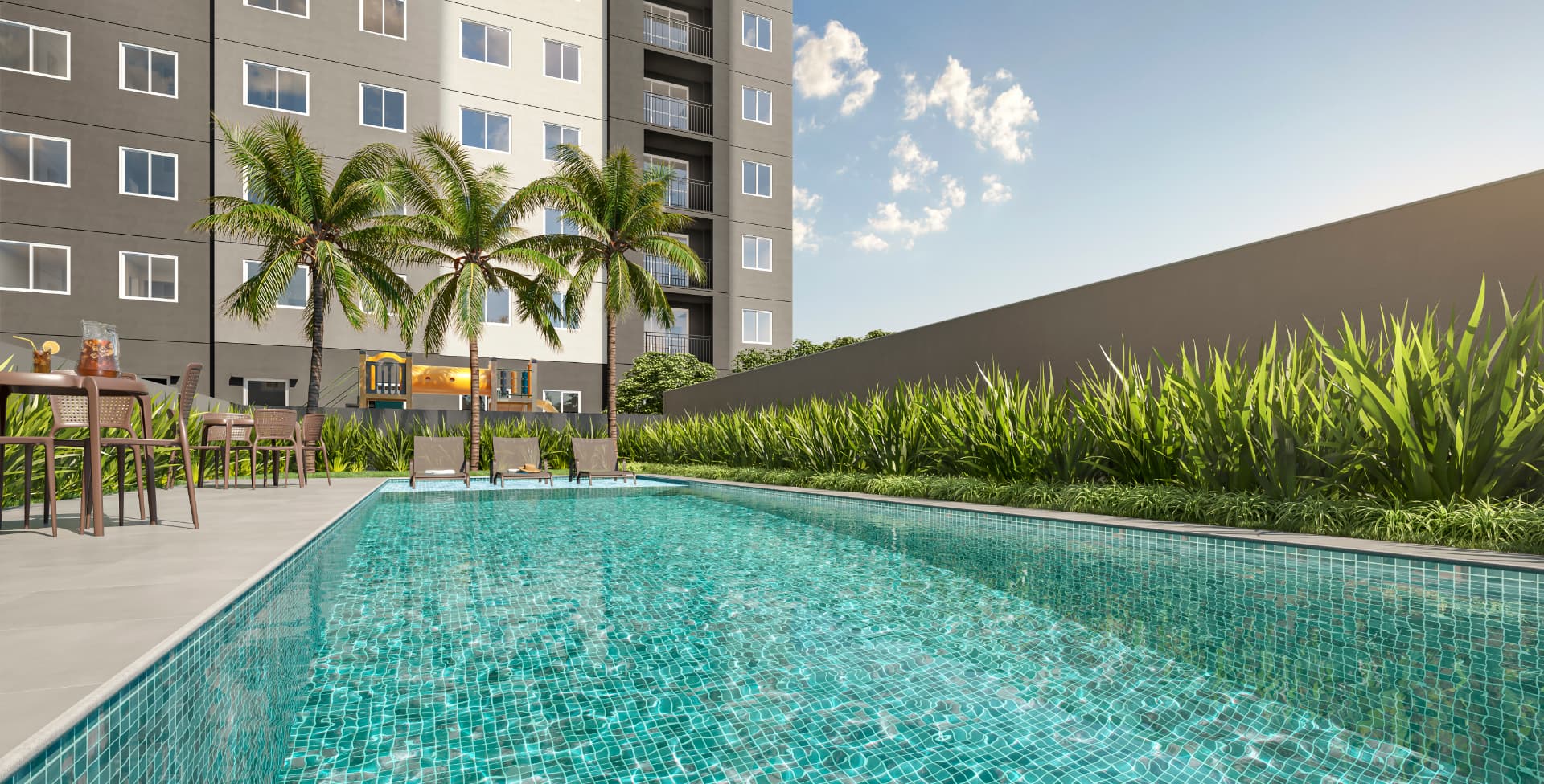 Perspectiva ilustrada da piscina com espreguiçadeiras, palmeiras e área de convivência.