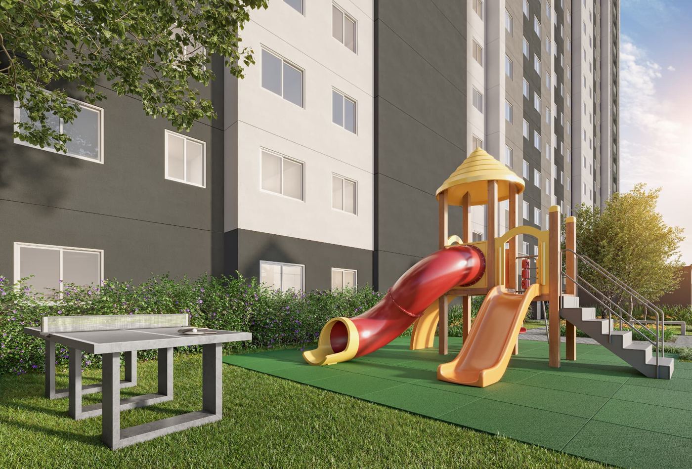 Perspectiva ilustrada do playground com escorregador e mesa de ping-pong.