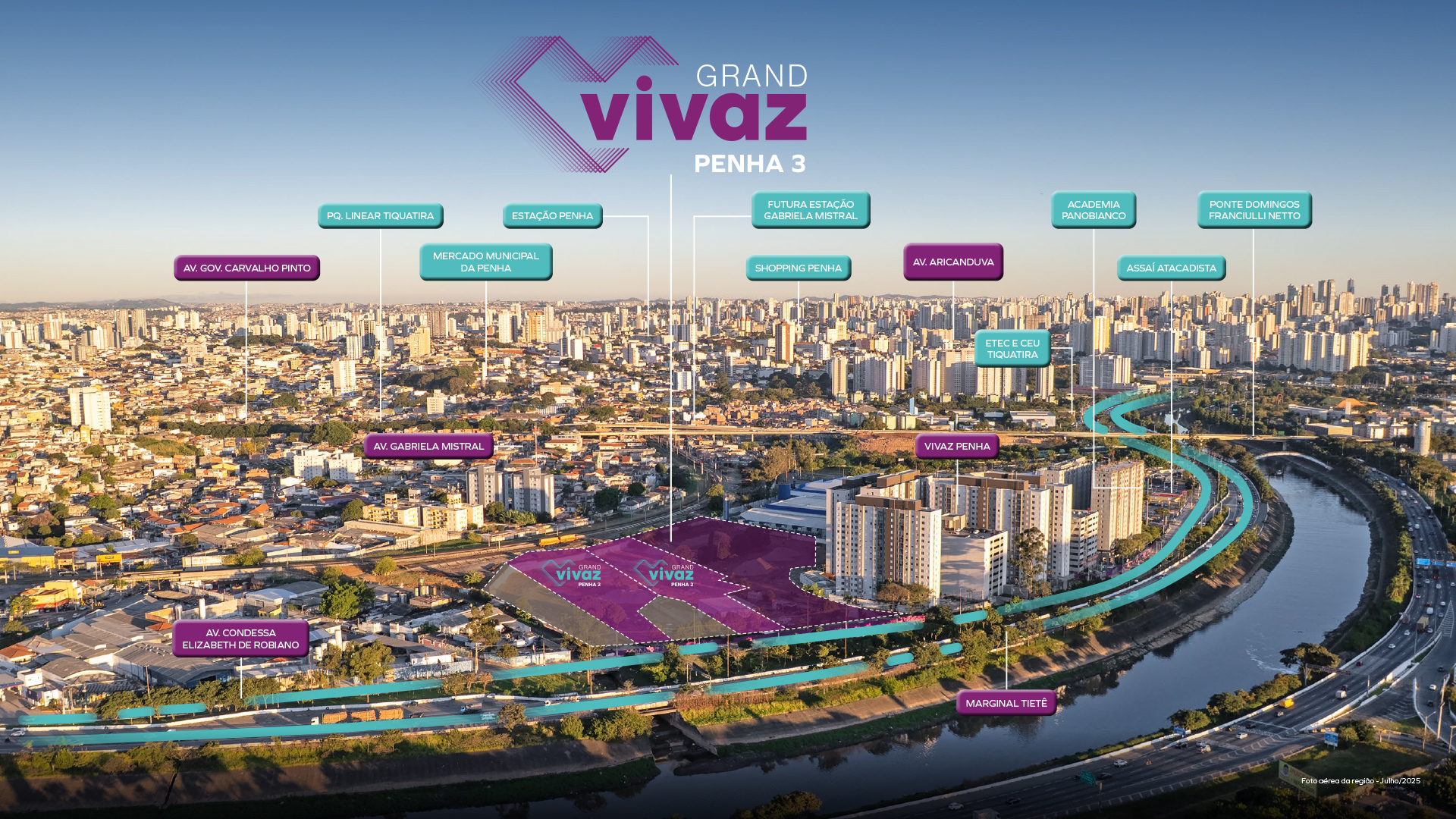 Foto aérea da região da Penha com indicações da Estação Penha, futura Estação Gabriela Mistral, Shopping Penha, Av. Aricanduva e Marginal Tietê.