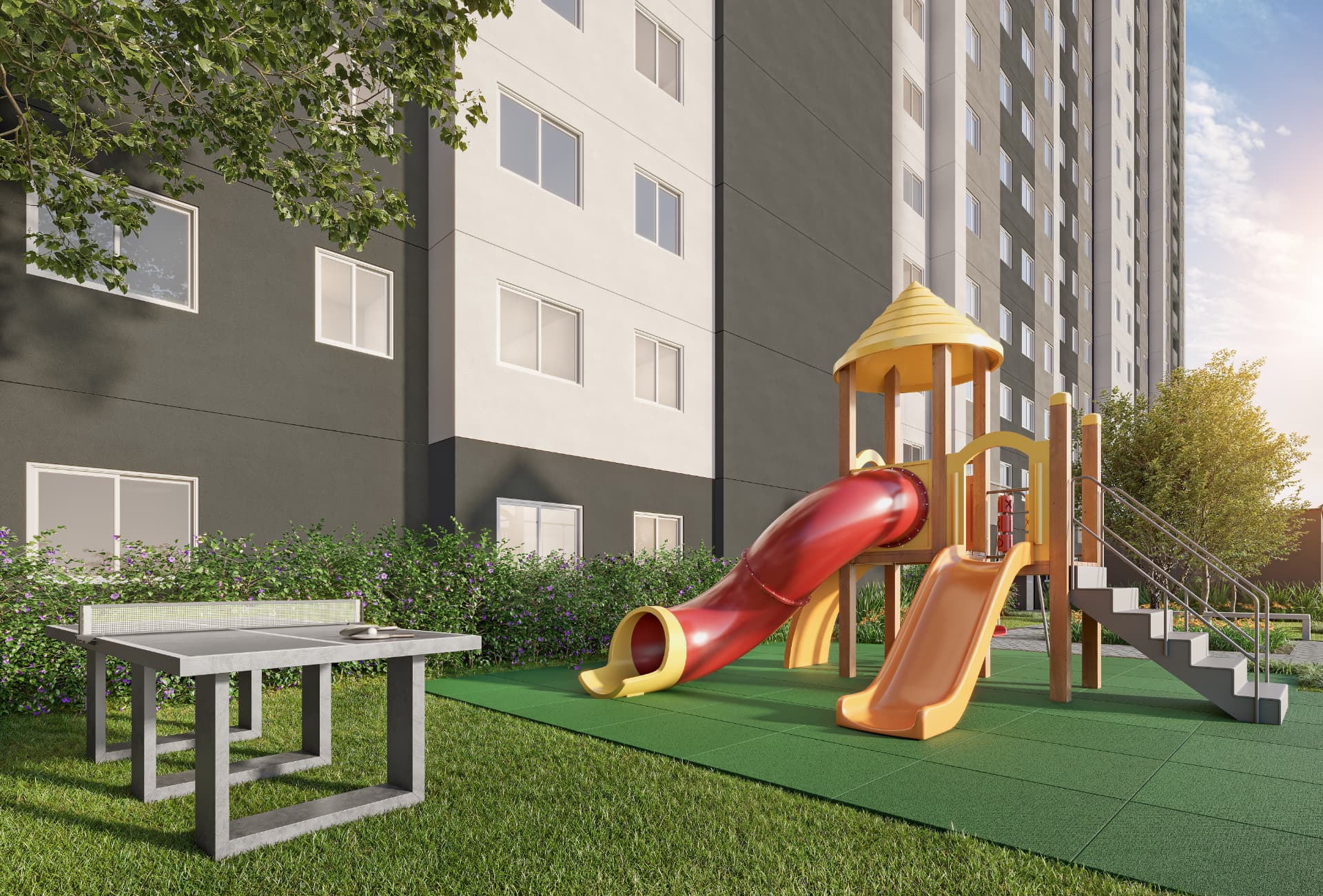 Perspectiva ilustrada do playground com escorregador e mesa de ping-pong.