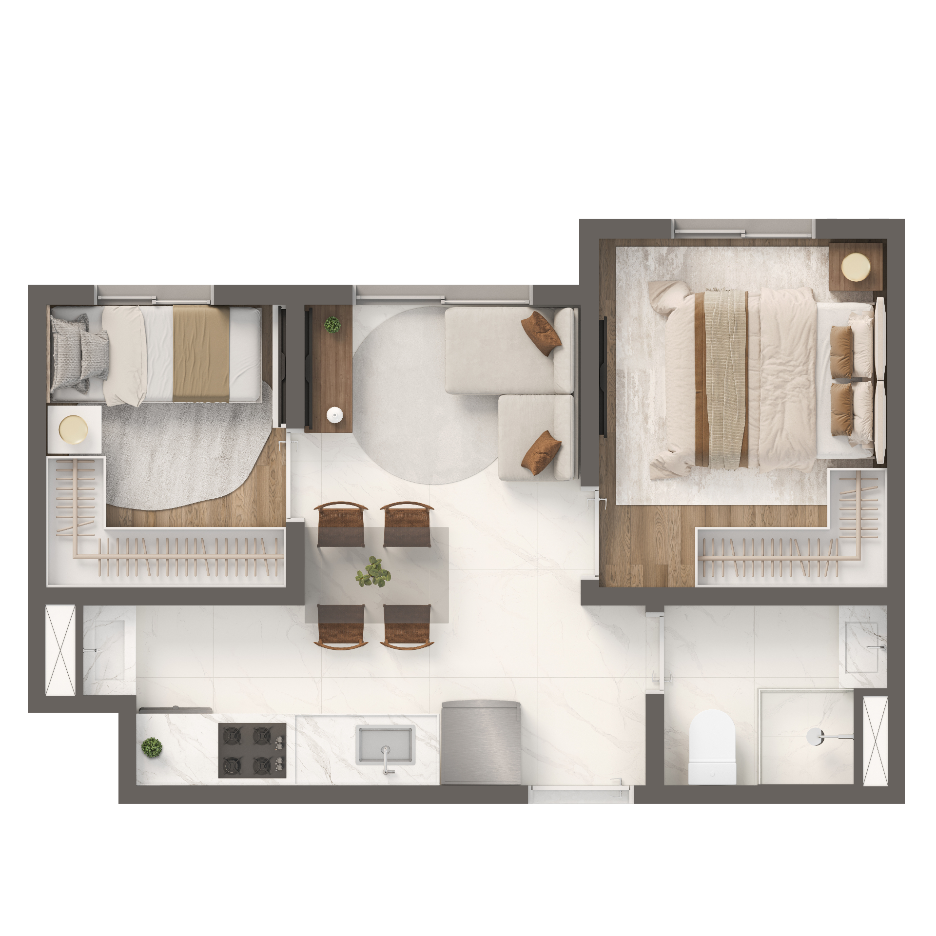 Planta oficial SMART — 2 quartos, 30 m², sem varanda.