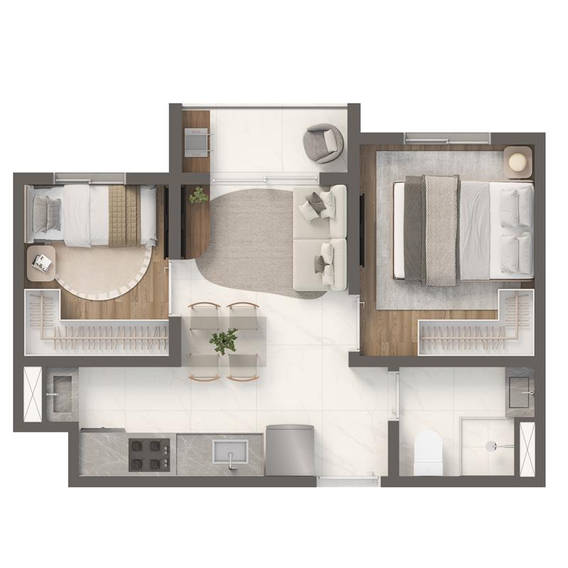 Planta oficial SMART com varanda — 2 quartos, 32 m².